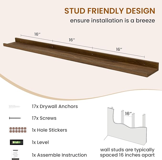 Axeman Picture Ledge Shelf, Floating Shelves for Wall Decor Storage Set of 6, 55 inch Floating Wall Mounted Shelves, Wall Shelves with Lip for Living Room, Bedroom, Nursery, Bathroom, Kitchen, Walnut-CubbioJoy