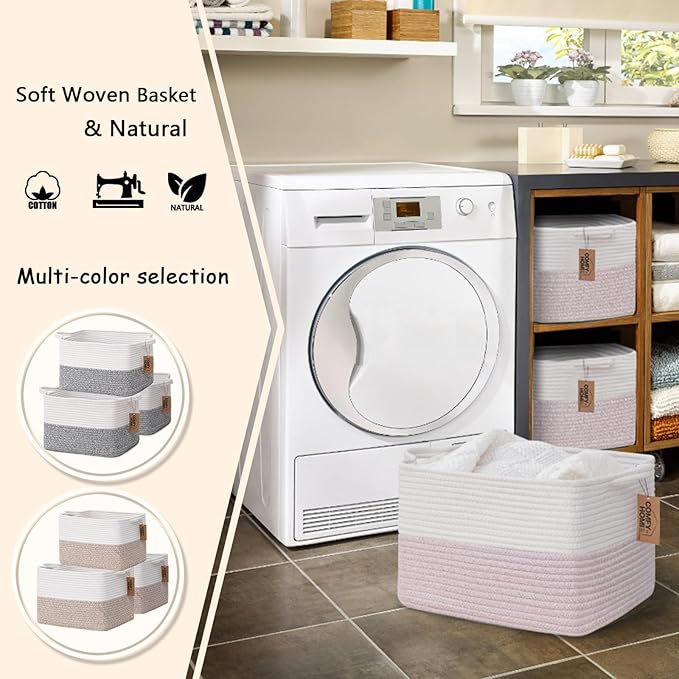 COMFY-HOMI 3PACK Cotton Rope Square baske with Handles for Shelves|Dog Toy baske Bin and Storage|Baby baske for Gift|Shoe baske for Organizing|13.5" x 11" x 9.5" for Living Room（White/Pink）-CubbioJoy