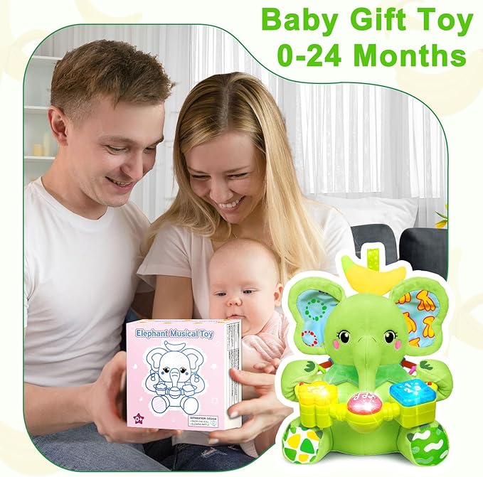 Baby Elephant Musical Stuffed Animals Toy with Light-Up Music & Crinkle Sound Paper,Infant Bilingual Early Learning Education Toys,Tummy Time Toys for 0-3-6-12+ Months Boy Girl, Green-CubbioJoy