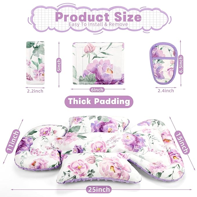 Infant Car Seat Insert, Soft Baby Car Seat Head & Body Support for Girl Boy, Reversible Newborn Preemie Carseat Insert Cushion with 3 Straps Pads Fits CarSeat, Stroller, Swing, Bouncer, Purple Floral-CubbioJoy