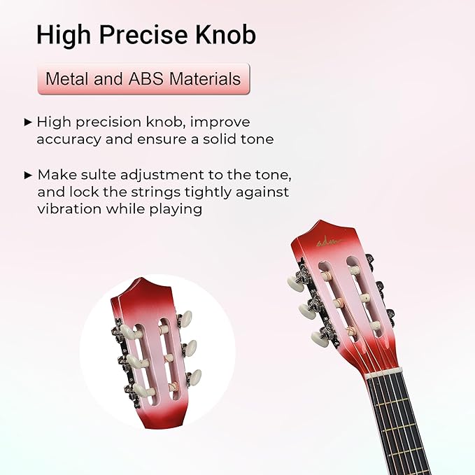 ADM Beginner Acoustic Classical Guitar 34 Inch Nylon Strings Wooden Guitar Bundle Kit for Kid Boy Girl Student Youth Guitarra Online Lessons with Gig Bag, Strap, Tuner, Strings, Picks, Pink-CubbioJoy