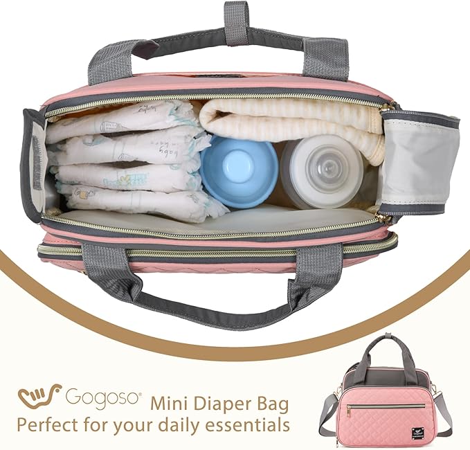 Crossbody Small Diaper Bag, Cute Mini Baby Diaper Tote Bags with Insulated Pockets for Traveling Outdoor Parent, Pink & Gray-CubbioJoy