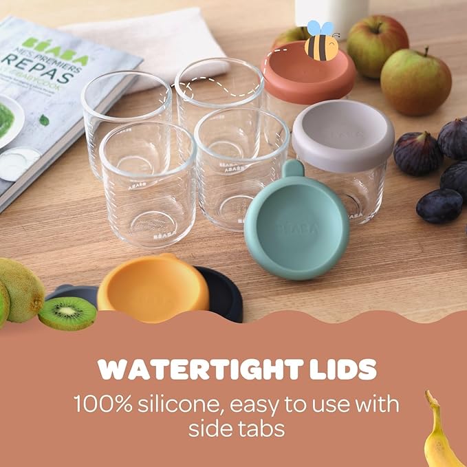 BEABA 6 Pack Glass Baby Food Jars with Soft Silicone Air Tight Lids, 8 oz Glass Storage Containers with Lids, Microwave and Freezer Safe Containers, Sunrise-CubbioJoy