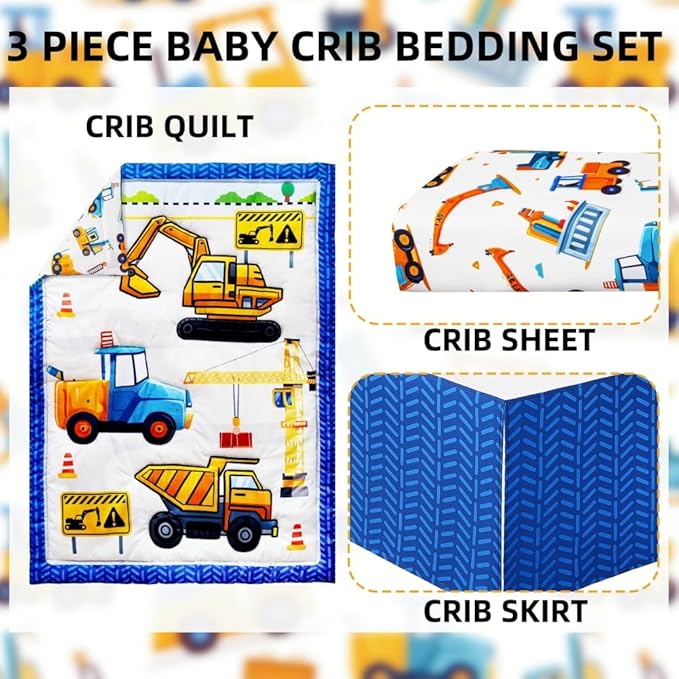 3 Piece Baby Boy Crib Bedding Set Construction Theme Baby Comforter Set for Crib Nursery Bed Set Decor with Fitted Crib Sheet, Comforter and Skirt for Boys Girls (Construction)-CubbioJoy