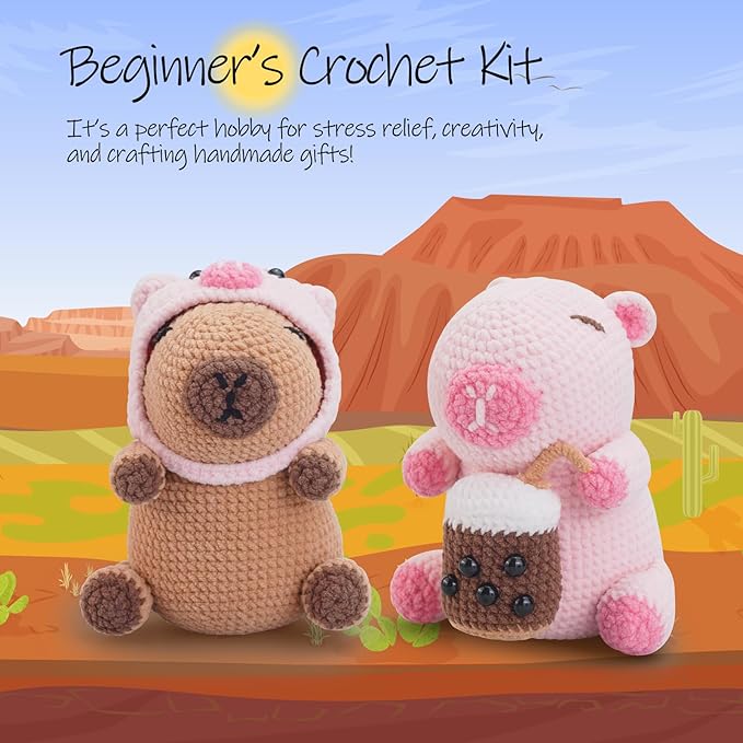 Crochet Kit for Beginners,Beginner Crocheting Animals Kits w Step-by-Step Video Tutorials, Knitting Starter Pack for Adults and Kids,2 Pack Capybara-CubbioJoy