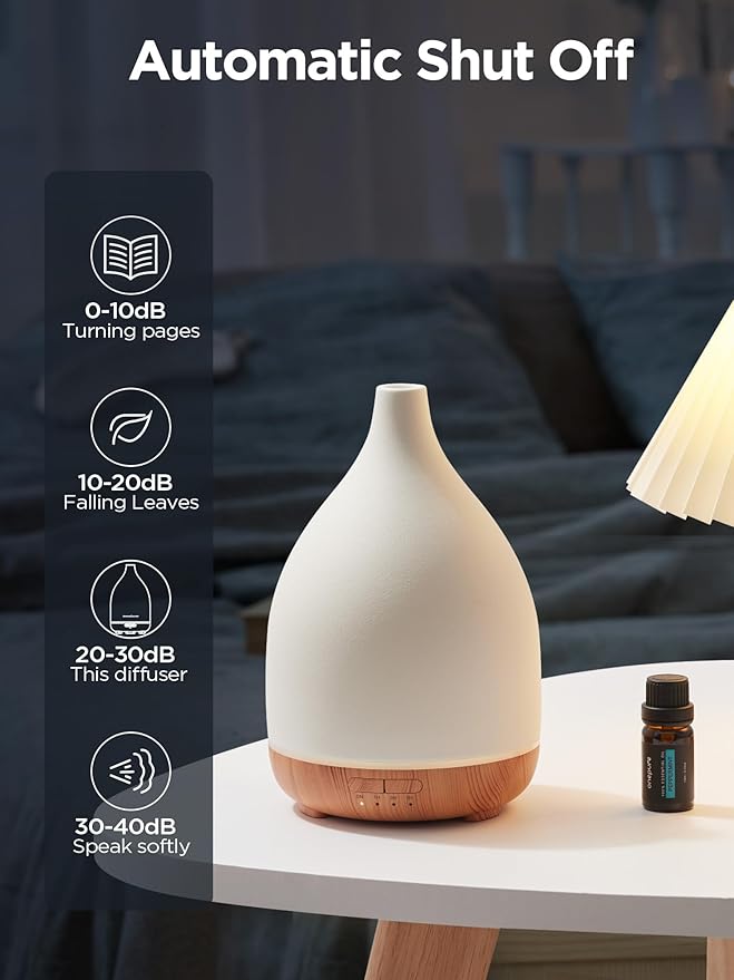 InnoGear Oil Diffuser, 300ML Ceramic Diffuser for Essential Oils Handcrafted Aromatherapy Diffuser Ultrasonic Cool Mist Humidifier with 4 Timers Waterless Auto Off for Room Office, White-CubbioJoy