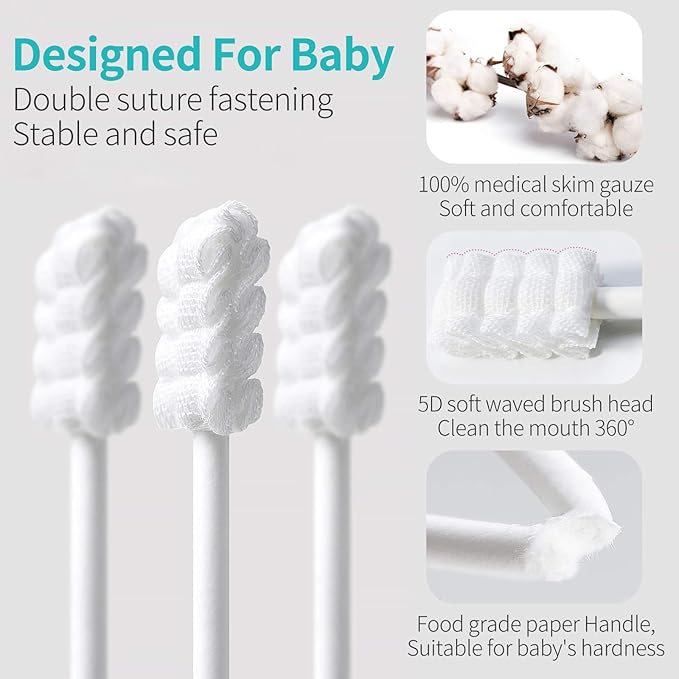 dearlomum Baby Tongue Cleaner, Newborn Toothbrush, 48PCS Disposable Infant Clean Mouth,Gauze Gum Cleaner Baby Oral Cleaning Stick Dental Care for 0-36 Month-CubbioJoy