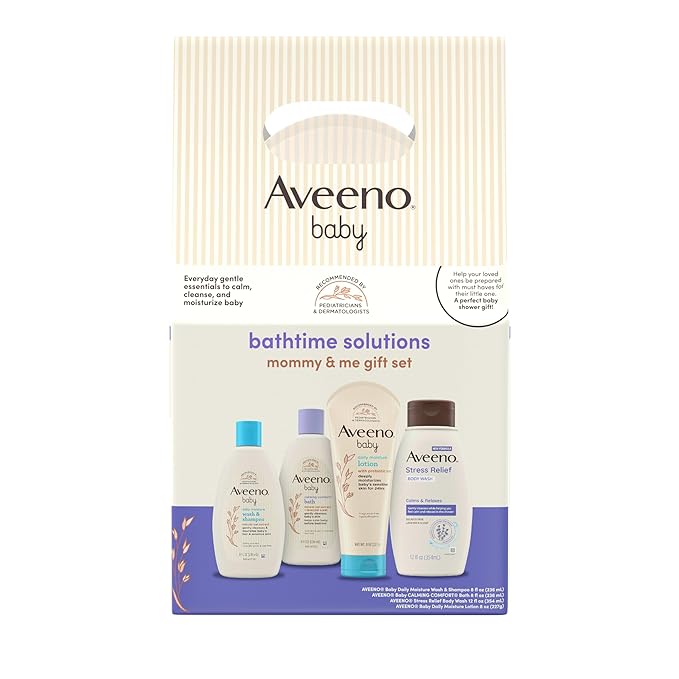 Aveeno Baby Bathtime Solutions Mommy & Me Gift Set, Baby Wash & Shampoo, Calming Bath, Daily Moisturizing Lotion & Stress Relief Body Wash for Mom, Nourishing Oat, Registry Must Haves, 4 items-CubbioJoy
