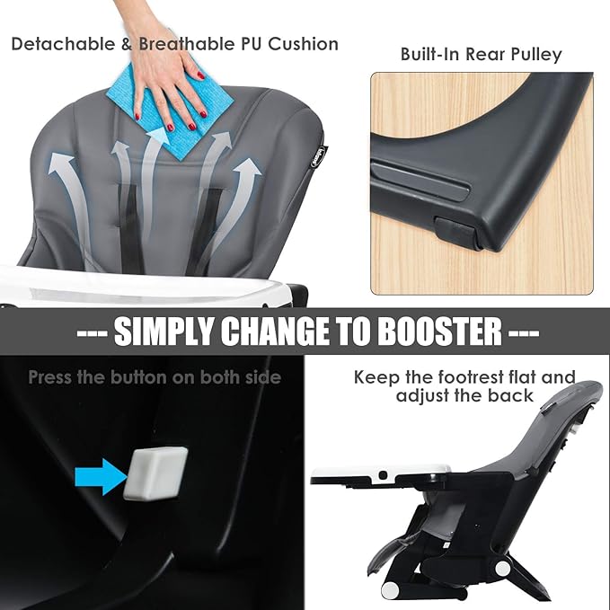 INFANS 4 in 1 High Chair–Booster Seat, Convertible Highchair w/Adjustable Height and Recline,Removable Tray,DetachableCushion, Installation-Free,Simple Fold for Baby, Infant& Toddler-CubbioJoy