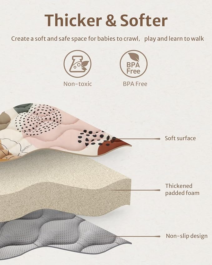 Blissful Diary Baby Play Mats for Floor, 50x50 Crawling Mat for Playpen, Thicken Soft Padding Foam Playmats for Babies and Toddlers Infants, Foldable and Machine Washable, Boho Design-CubbioJoy