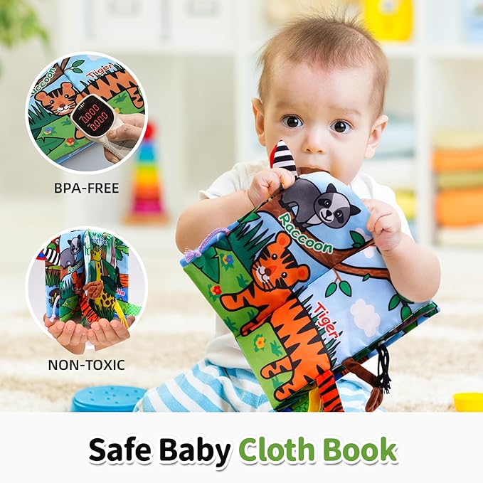 Jollybaby Crinkle Books for Babies, Sensory Soft Touch and Feel Baby Toys for 0-6 Months Infants, Newborn Montessori Early Educational Cloth Toys, Baby Girl & Boy Gift(Jungle Tails)-CubbioJoy