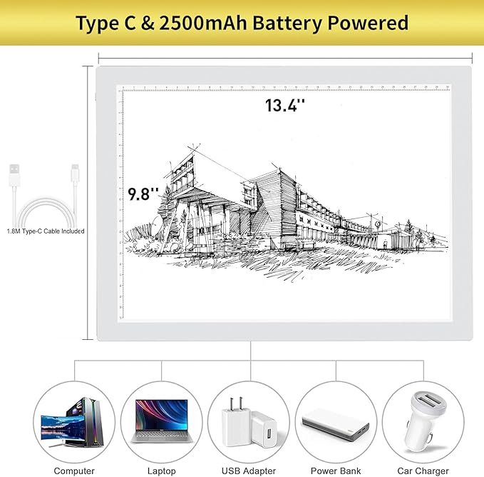 A4 Wireless Battery Powered Light Pad with Bag, TOHETO Tracing Light Box Dimmable Brightness Rechargeable LED Light Board Portable Cordless Copy Board for Drawing Sketching X-ray Viewing (White)-CubbioJoy