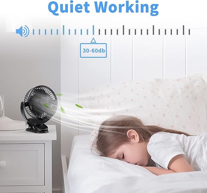 ATEngeus Rechargeable Clip-on USB Desk Fan, 3 Speeds, 5000mAh Battery, 720Rotation, Sturdy Clamp for Home, Camping, Treadmill and Car-CubbioJoy