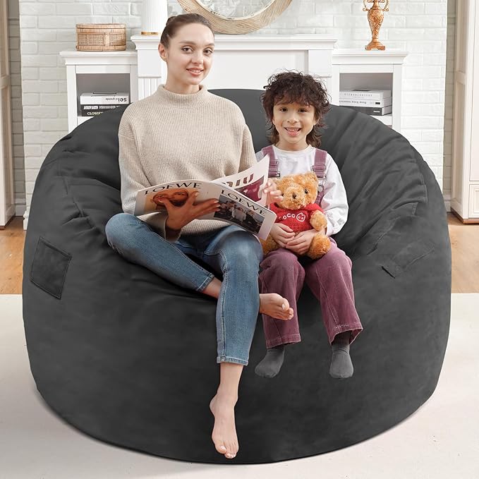 3FT Bean Bag Chair, Comfy Bean Bag Chairs with Memory Foam Filled, Fluffy Beanbag Sofa with Dutch Velvet Cover, Round BeanBag Chairs for Living Room, Playroom- Grey-CubbioJoy