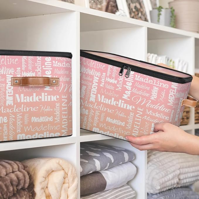 Custom Storage Basket with Name, Personalized Storage Bins with Zipper Lid, Foldable Fabric Storage Box Large capacity with Handle Pink Orange-CubbioJoy