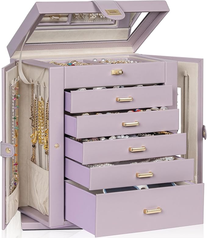 AKOZLIN 360° Rotating Jewelry Box 6-Tier Organizer Functional Jewelry Storage Case for Women Girls Ring Necklace Earring Bracelet Holder with Mirror Purple-CubbioJoy