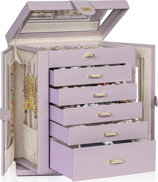 AKOZLIN 360° Rotating Jewelry Box 6-Tier Organizer Functional Jewelry Storage Case for Women Girls Ring Necklace Earring Bracelet Holder with Mirror Purple-CubbioJoy