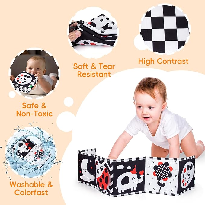 Cawgug Black and White High Contrast Baby Toys for Newborn Brain Development Tummy Time Soft Book Babies 0-3 6-12 Months Montessori Learning Activities Infant and Sensory Visual Stimulation Toys-CubbioJoy