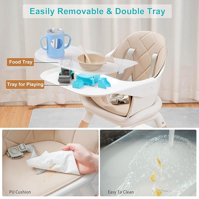 Baby High Chair, 6 in 1 Wooden Convertible High Chairs for Babies and Toddlers, Booster Seat with Double Tray & Reversible Footrest Baby Highchair, 5-Point Harness Baby Feeding Chair, Beige-CubbioJoy