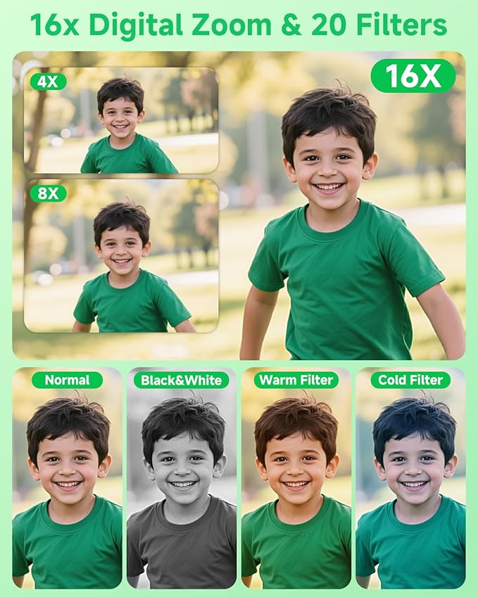 Digital Camera, 44MP FHD 1080P, 16X Zoom, 32GB SD Card, Compact Camera for Kids Teens Adults, Green-CubbioJoy