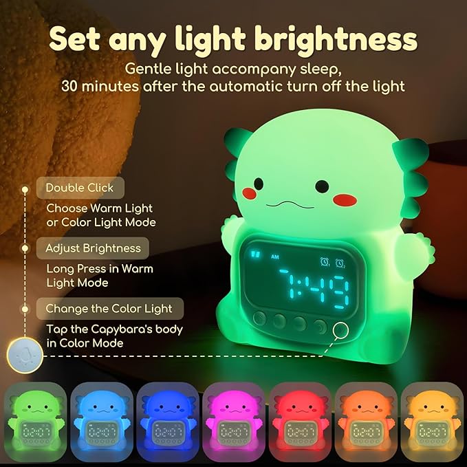 Axolotl Alarm Clock with Night Light for Kids, 7 RGB Color Cute Alarm Clocks for Bedrooms Ok to Wake Clocks, Silicone Animal Tabletop Lamp for Teen Girls Boys, Green-CubbioJoy
