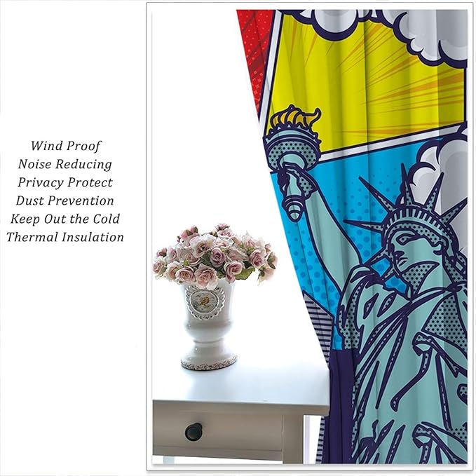 City Rod Pocket Blackout Curtains for Boy Girl Bedroom, Pop Art Style New York Cityscape Home Energy Efficient Light Filtering Window Curtain for Living Room, 84x84 inch-CubbioJoy