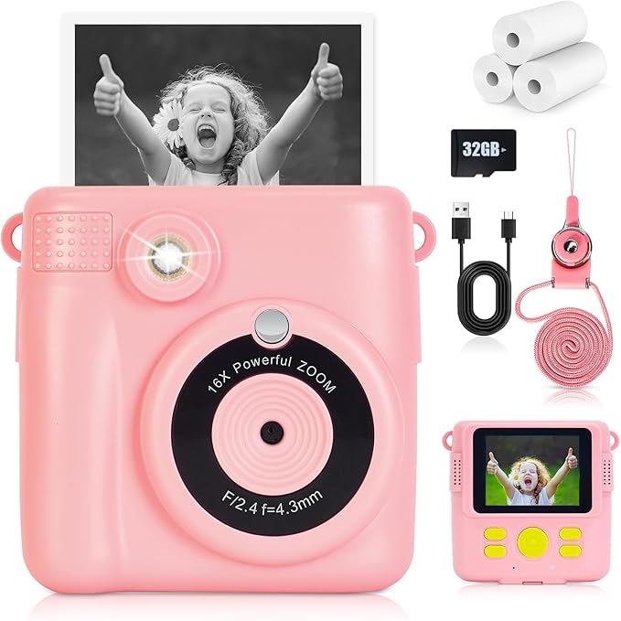 Instant Print Camera for Kids - 2.4 Inch Kids Camera Instant Print with Paper & 32G Card- Digital Children Toys as Christams Birthday Gifts for Girls Boys Age 3-12 - Pink-CubbioJoy