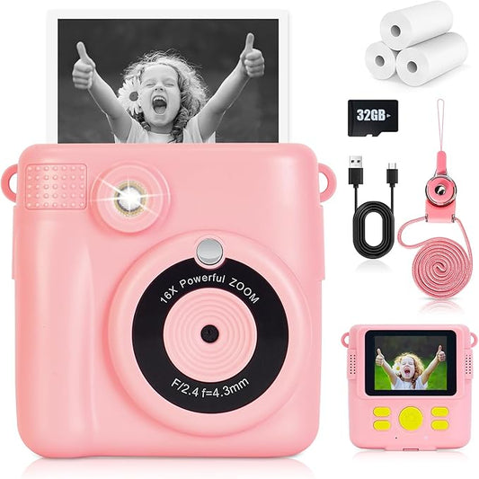 Instant Print Camera for Kids - 2.4 Inch Kids Camera Instant Print with Paper & 32G Card- Digital Children Toys as Christams Birthday Gifts for Girls Boys Age 3-12 - Pink-CubbioJoy