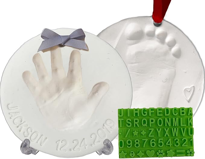 Baby Handprint Footprint Keepsake Ornament Kit (Makes 2) - Bonus Stencil for Personalized Christmas, Newborn, New Mom & Shower Gifts. 2 Easels! Non-Toxic Clay, Air-Dries Light & Soft, Won't Crack.-CubbioJoy
