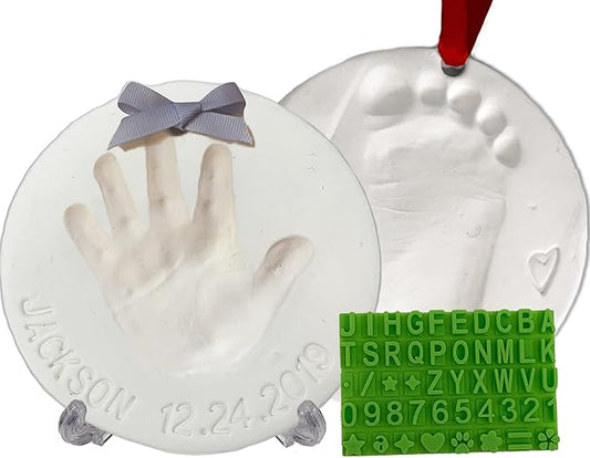 Baby Handprint Footprint Keepsake Ornament Kit (Makes 2) - Bonus Stencil for Personalized Christmas, Newborn, New Mom & Shower Gifts. 2 Easels! Non-Toxic Clay, Air-Dries Light & Soft, Won't Crack.-CubbioJoy