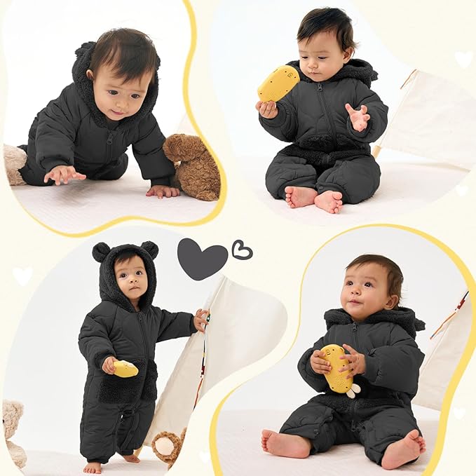 JiAmy Baby Snowsuit Newborn Winter Clothes Coat Romper Windproof Fleece Hat Zipper Baby Bear Outfit-CubbioJoy