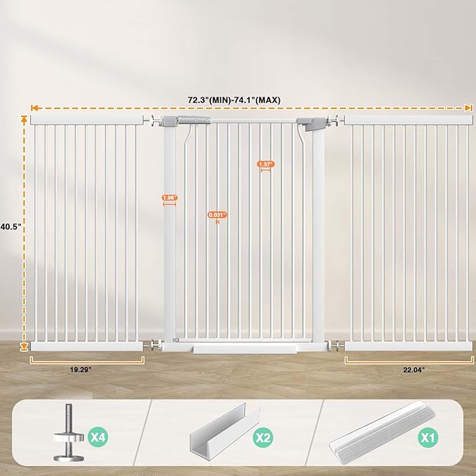 40.5" Extra Tall Baby Gate, 72.3"-74.1" Extra Wide Large Dog Pet Gate Indoor, Long Safety Child Gate for Stairs No Drill, Metal Auto Close Doggie Pet Gate for Doorway Stairs, White-CubbioJoy