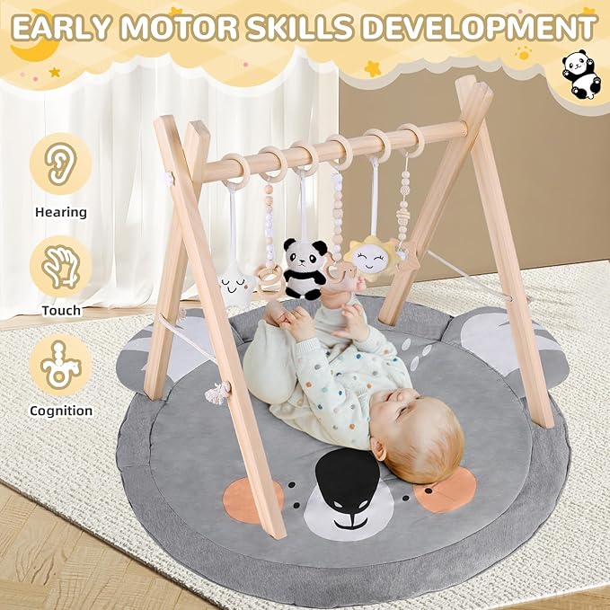 Baby Play Gym with Mat – Wooden Montessori Gym for Newborns 0-12M,Natural Pine Wood with 6 Sensory Toys,Foldable & Portable (Koala)-CubbioJoy