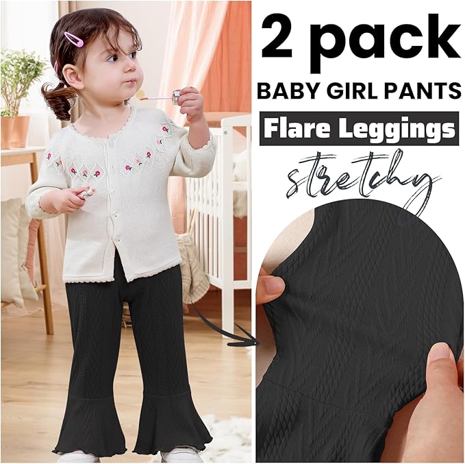 2 Pack Toddler Baby Girl Pants Flare Leggings Ribbed Knit Newborn Bell Bottoms Solid Ruffle Infant Pants for Girls-CubbioJoy
