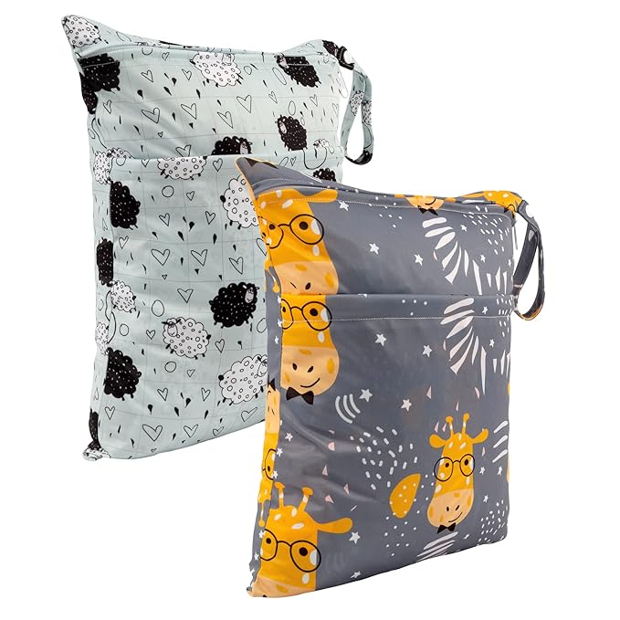 ALVABABY 2pcs Cloth Diaper Wet Dry Bags Waterproof Reusable with Two Zippered Pockets Travel Beach Pool Daycare Soiled Baby Items Yoga Gym Bag for Swimsuits or Wet Clothes LZ1920-CubbioJoy