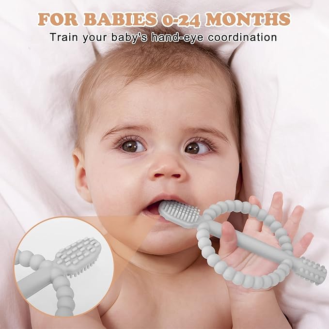 Baby Teething Toys with Easy-Hold Handle, Silicone Infant Toothbrush, Textured On Both Sides Helps Massage, Soothe Sore Gums, Teething Toys for Babies 0-6 Months, 6-12 Months Peach Powder & Gray-CubbioJoy