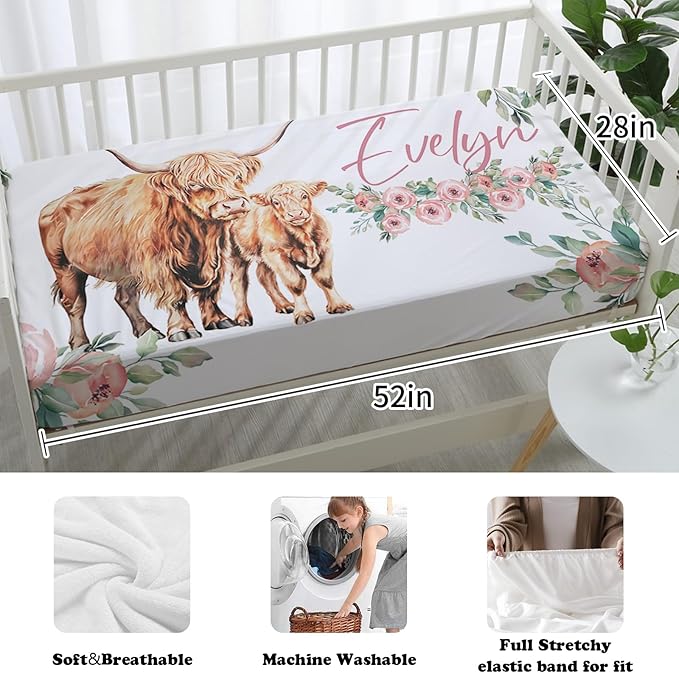 Custom Nursery Crib Bedding Set: Personalized Name 4 Piece Floral Highland Cow Design Baby Crib Sets for Girls - Toddler Double Layer Blanket Set, Comfortable Crib Bed Sheets for Baby Toddlers-CubbioJoy