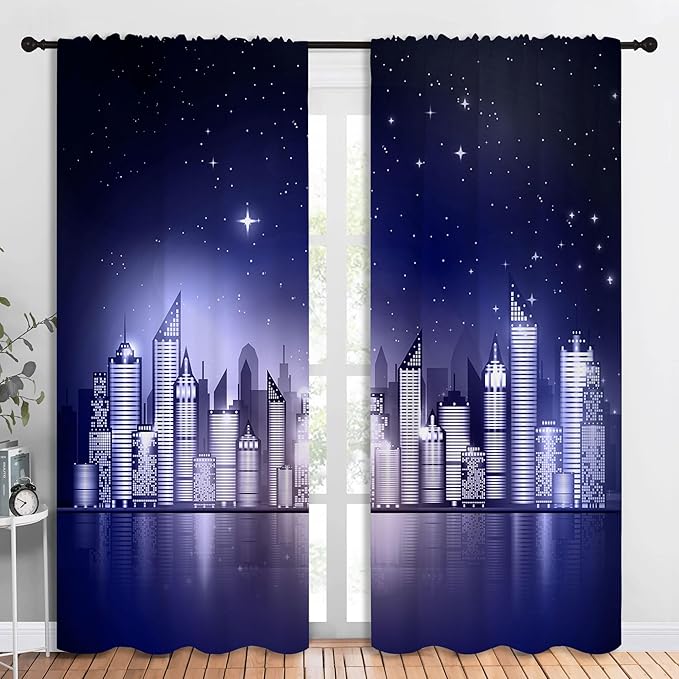 City Rod Pocket Blackout Curtains for Boy Girl Bedroom, New York Skyline Modern City Starry Sky Night View Home Energy Efficient Light Filtering Window Curtain for Living Room, 84x84 inch-CubbioJoy