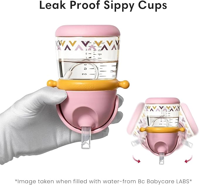 bc babycare Straw Sippy Cups for Toddler, No Spill Sippy Cups for Baby 1+ Year Old, Transition Weighted Sippy Cup with Straw and Strap, 10oz/300ml, Pink-CubbioJoy