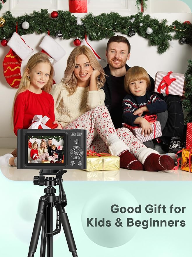 Digital Kids Camera 1080P Vlog Camera with 64GB, Lanyard, 16X Zoom Anti Shake, Card Reader 44MP Compact Portable Point Shoot Digicam for Kid Teen Girl Boy Christmas Halloween Thanksgiving(Black)-CubbioJoy