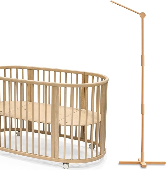 Crib Mobile Arm Wooden Floorstanding - 61 Inches Mobile Arm for Crib|Movable Baby Mobile Hanger|Strong Anti-Dumping Attachment|100% Natural EU Beech Wood|Thicker Wooden Pole|Boho Nursery Decor-CubbioJoy