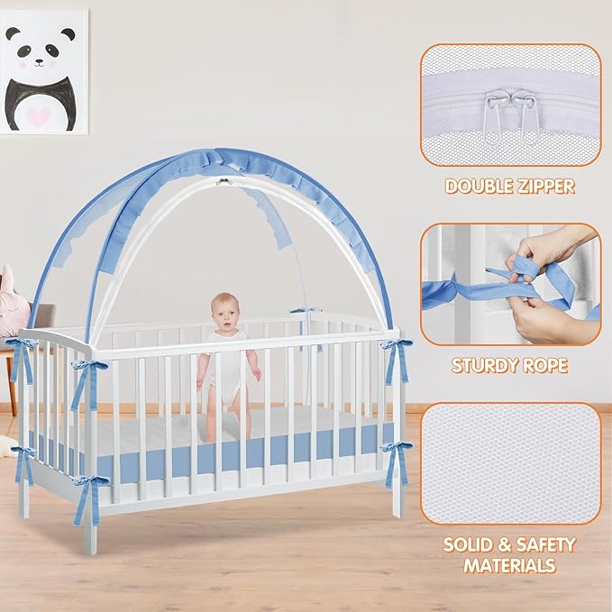 Crib Tent to Keep Baby from Climbing Out - Crib Net to Keep Baby in - Pop Up Breathable Cribs Cover - Canopy with Upgrade Strong Mesh and Durable Zipper (Blue, Lager)-CubbioJoy