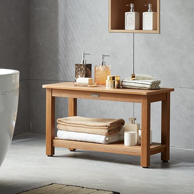 30'' Large Shower Bench Seat, Poly Lumber Bath Stool for Inside Shower Waterproof, HDPS Bathroom Chair for Shaving Legs with Adjustable Feet, Non-Slip & No Maintenance, Brown (30 x 13 Inches)-CubbioJoy