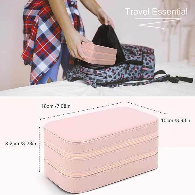 DesignSter Small Travel Jewelry Box with Double Zipper, 2 Layers PU Portable Jewelry Case for Women and Girls,Travel Jewelry Organizer for Rings, Earrings, Necklaces, Bracelets,Pink-CubbioJoy