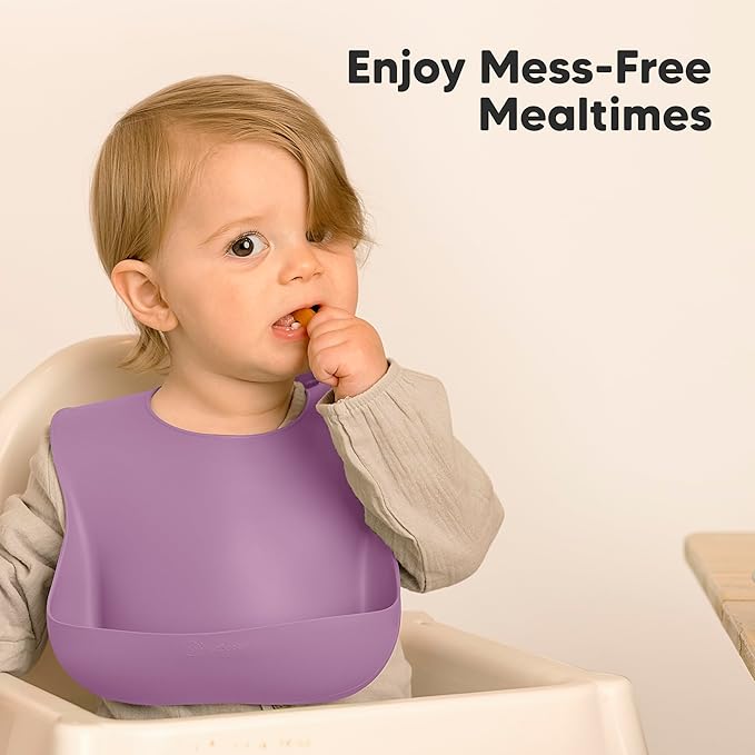 KeaBabies 2-Pack Silicone Baby Bibs for Eating - Sturdy Food-Grade Silicone Bibs for Babies Girl, Boy, Large Food Catcher, Clean & Put On Easily, Waterproof Toddler Feeding Essentials (Amethyst)-CubbioJoy