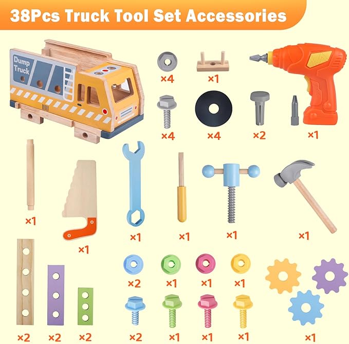 Aliex 38PCS Kids Wooden Truck Tool Set with Toy Drill for Toddlers Ages 3 4 5 6,Montessori STEM Educational Learning Construction Workbench Pretend Play Tool Kit,Birthday Sensory Gift for Boys Girls-CubbioJoy