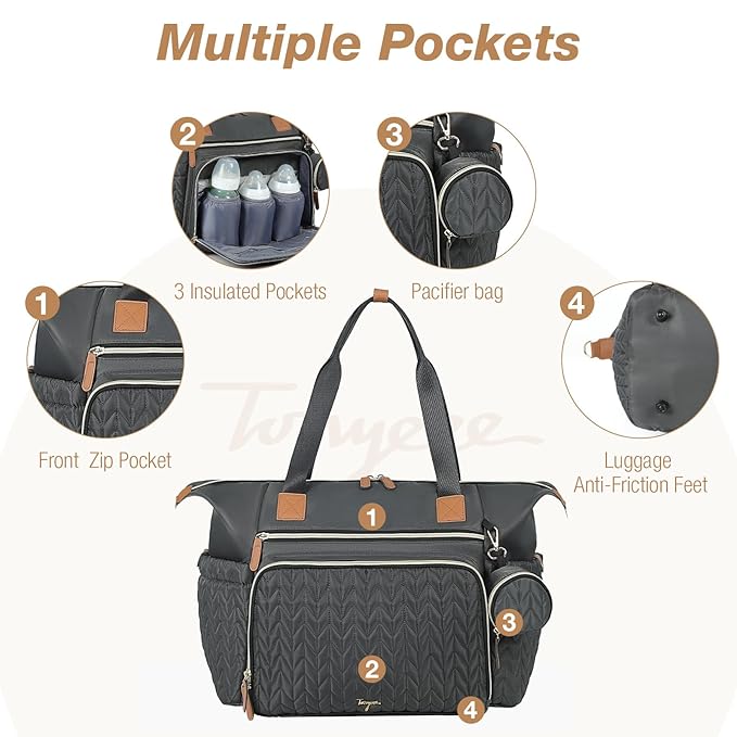 Diaper Bag Tote, Large Baby Diaper Bags Waterproof, Hospital Bag for Labor Delivery with Pacifier Case, Changing Pad, Shoulder Strap, Dark Gray-CubbioJoy