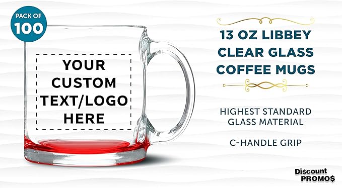 Custom Libbey Clear Glass Coffee Mugs 13 oz. Set of 100, Personalized Bulk Pack - Perfect for Coffee, Tea, Espresso, Hot Cocoa, Other Beverages - Red Bottom-CubbioJoy
