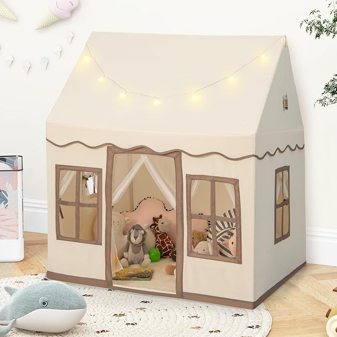 INFANS Kids Play Tent with Washable Mat Star Light Windows, Anti-Trip Large Playhouse Toys for Children Boys Girls, Indoor Outdoor Princess Tents Castle for Toddlers (Beige)-CubbioJoy