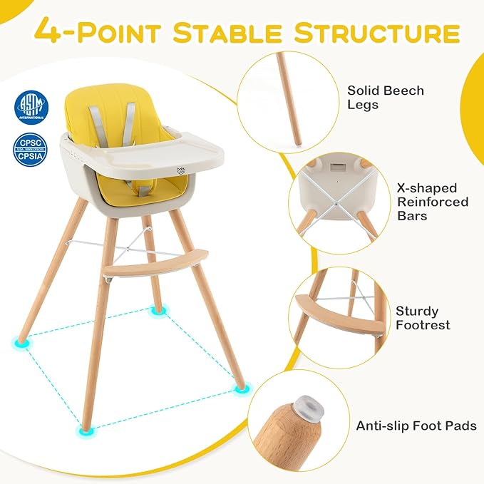 BABY JOY Convertible Baby High Chair, 3 in 1 Wooden Highchair/Booster/Chair with Removable Tray, Adjustable Legs, 5-Point Harness, PU Cushion and Footrest for Baby, Infants, Toddlers (Yellow)-CubbioJoy